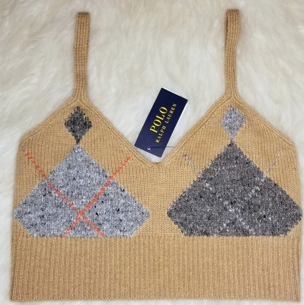 POLO RALPH LAUREN Argyle Knit Cashmere Wool Crop Ekose Camel Brown Top - Picture 6 of 11